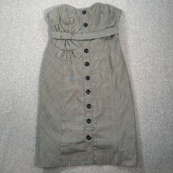 Anthropologie Floreat Adorned Plaid Strapless Pencil Dress Size 8 Belted Button - Picture 1 of 8